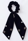 Scrunchie المخملية Bowknot اللؤلؤ الماس Scrunchie باللون الأسود