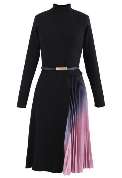 فستان منسوج بحزام ذو ثنيات متدرجة باللون الأسود