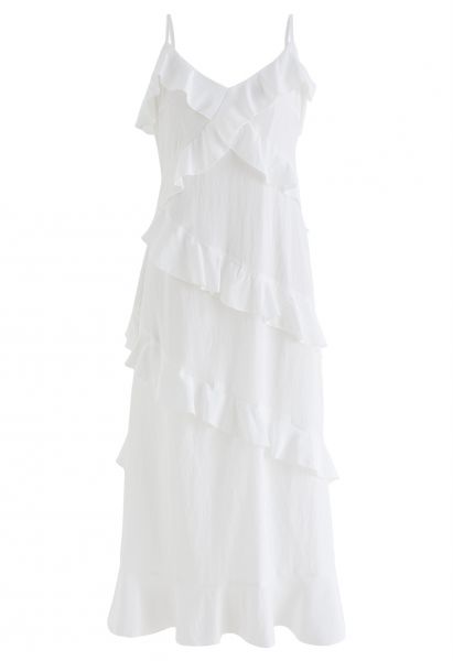 فستان كامي مكشكش متدرج ذو فتحة جانبية باللون الأبيض