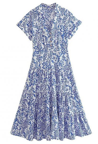فستان مطرز بفتحة ظهر زهور زرقاء