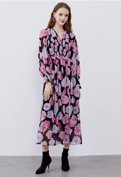 حساسة الأزهار Shirred فستان ماكسي باللون الأسود