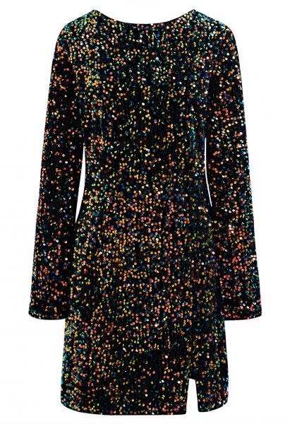 غطاء الترتر قزحي الألوان مفتوح الظهر فستان قصير باللون الأسود