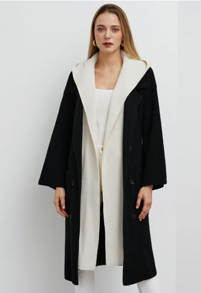 معطف طويل بغطاء رأس مكون من قطعتين متباين اللون باللون الأسود