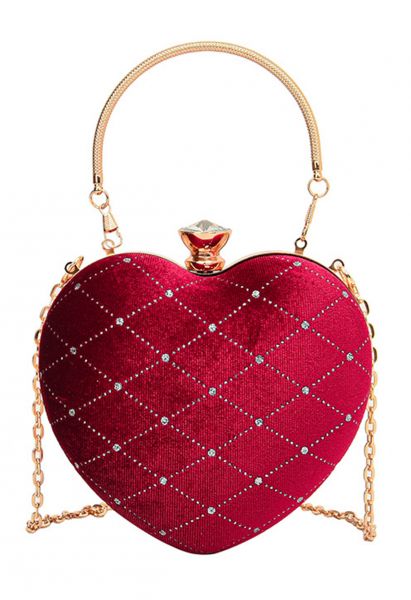 حقيبة يد مخملية راقية على شكل قلب باللون الأحمر