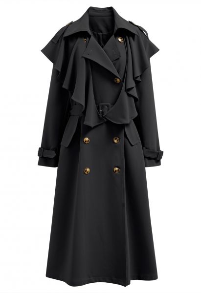معطف واقٍ من المطر مزدوج الصدر مزين بكشكشة وحزام باللون الأسود