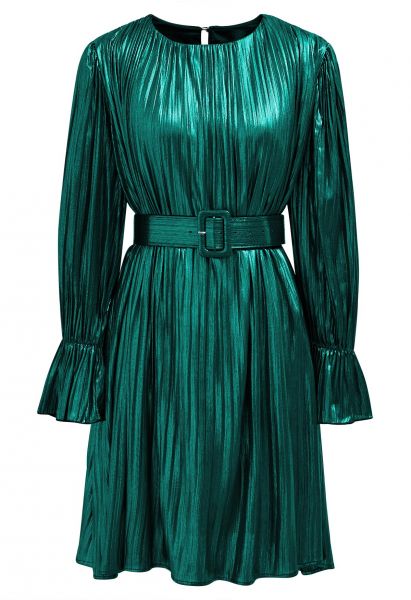 فستان قصير بحزام من Plisse باللون الأخضر