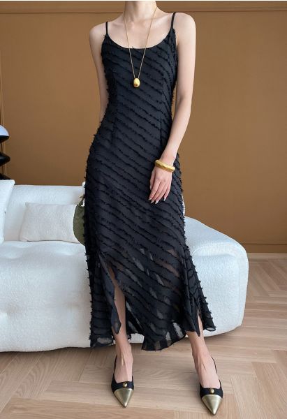 فستان كامي سبليت مخطط مهدب باللون الأسود