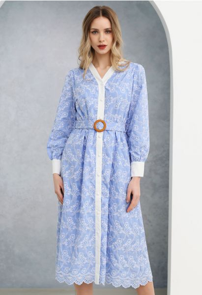 Dancing Floret Embroidered Button Down Dress in Baby Blue