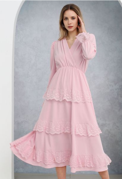 Lace Tiered Wrap Chiffon Midi Dress in Pink