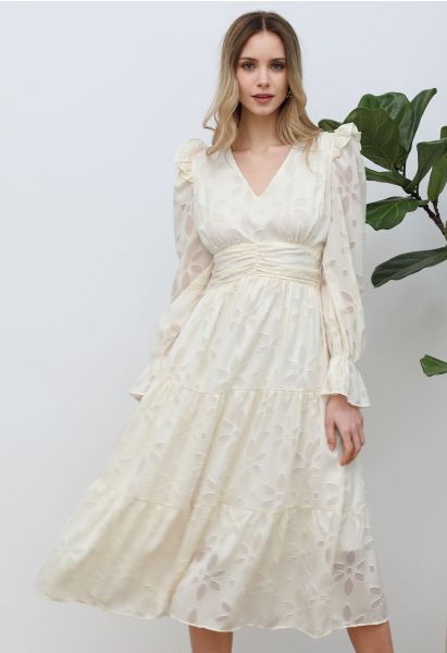 Burnout Floral Ruched Waist Chiffon Midi Dress in Cream