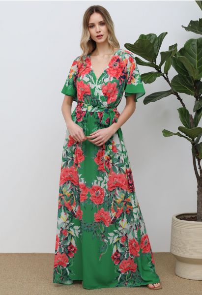 فستان طويل ملفوف بطبعات Greenery Blossom