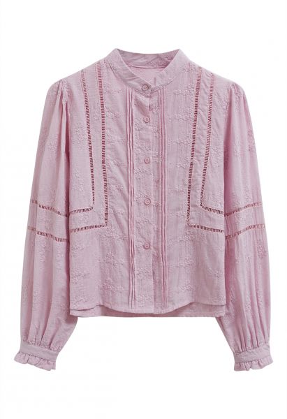 قميص فلوريت مطرز بأزرار سفلية باللون الوردي