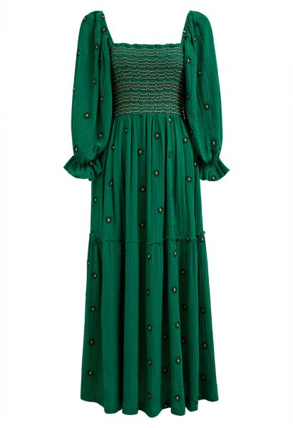 فستان فلوريت متوسط الطول بياقة مربعة ومطرز باللون الأخضر