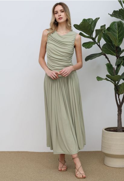 فستان قطني بدون أكمام مكشكش بدون جهد باللون الأخضر البازلاء