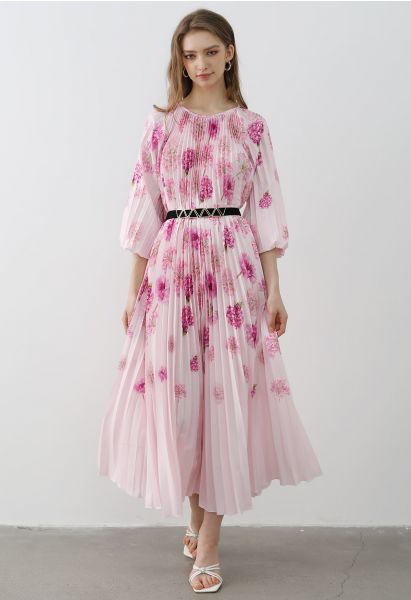 فستان ماكسي بطيات بألوان مائية من Blossoming Day باللون الوردي