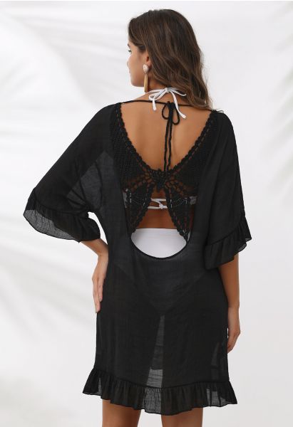 فستان كروشيه على شكل فراشة بدون ظهر باللون الأسود