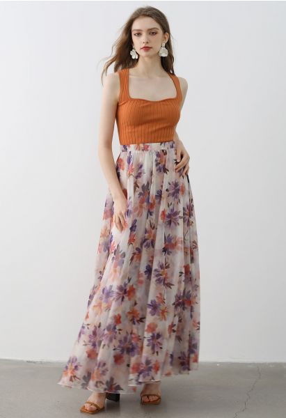 تنورة طويلة من الشيفون مطبوع عليها أزهار برتقالية من Sunlight