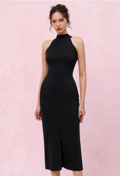 التماس تفاصيل الرسن Bodycon فستان متماسكة باللون الأسود