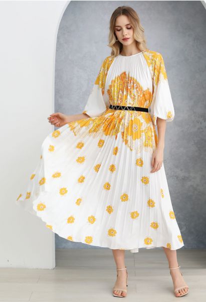 فستان طويل بطيات بألوان مائية من Blossoming Day باللون الأصفر