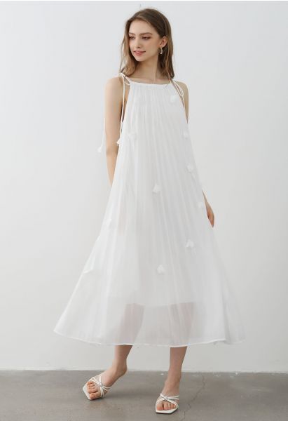 3D الأزهار التعادل الكتف فستان الشيفون مطوي باللون الأبيض