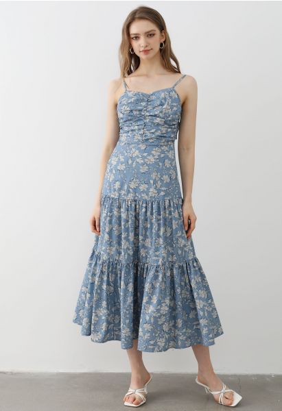 BOWKNOT عودة الأزهار طباعة فستان كامي باللون الأزرق