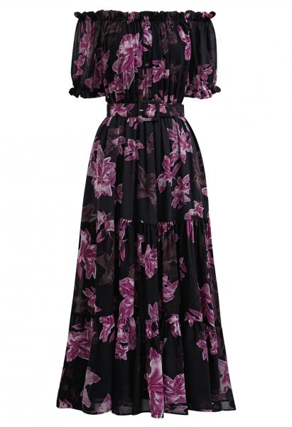 فستان متوسط الطول من الشيفون بطبعات ليلي باللون الأرجواني