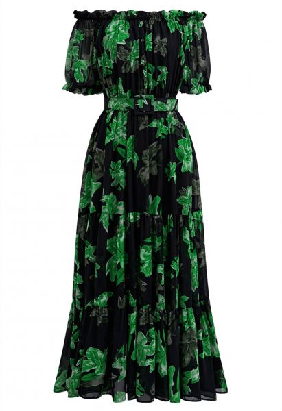 فستان متوسط الطول من الشيفون بطبعات ليلي باللون الأخضر