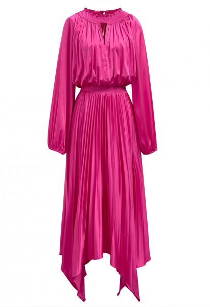 انقطاع Shirred التفاصيل مطوي اللباس غير المتماثلة في الوردي الساخن