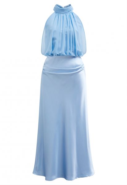 رشيقة الرسن الرقبة الشيفون تقسم فستان الساتان باللون الأزرق