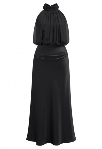 رشيقة الرسن الرقبة الشيفون تقسم فستان الساتان باللون الأسود
