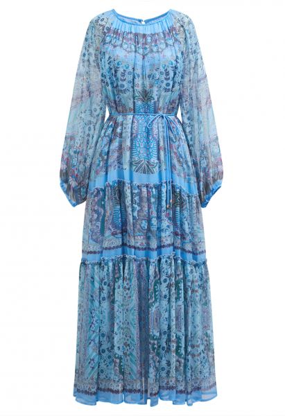 فستان طويل مكشكش بأكمام منتفخة من ميستيك جاردن باللون الأزرق