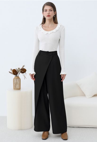 Asymmetric Flap Buttoned Straight-Leg Pants in Black