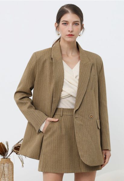 Everlasting Striped Padded Shoulder Oversized Blazer in Camel