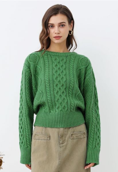 سترة Hug-Me Cable Knit Crewneck باللون الأخضر