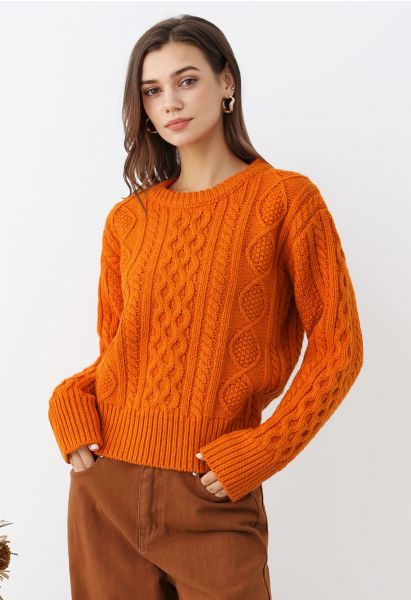 سترة Hug-Me Cable Knit Crewneck باللون اليقطين