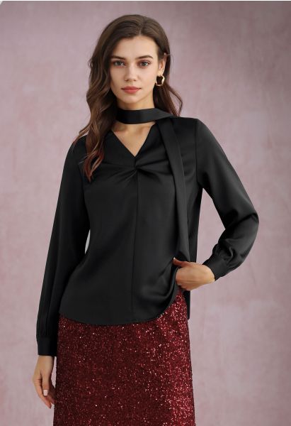 Ribbon V-Neckline Twist Detail Satin Top in Black