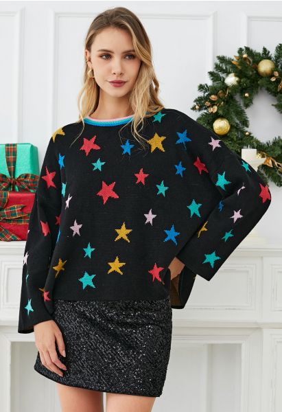 Cosmic Charm Star Bell Sleeve Knit Sweater in Black