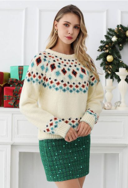 Snowflake Wonderland Fair Isle Knit Sweater in Cream