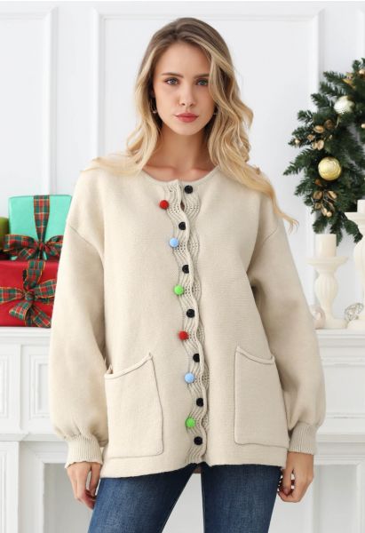 Colorful Pom-Pom Wavy Buttoned Patch Pocket Knit Cardigan in Oatmeal