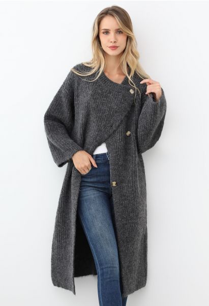 Warmth Wrapped Asymmetric Buttoned Knit Longline Cardigan in Smoke