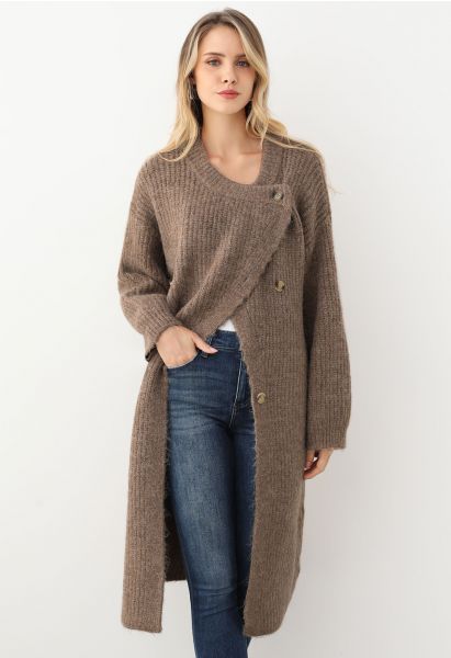 Warmth Wrapped Asymmetric Buttoned Knit Longline Cardigan in Brown