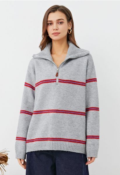 Sporty Stripes Half-Zip Collar Knit Sweater in Grey