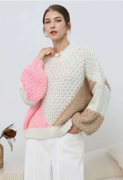 Geometric Color Block Chunky Hand-Knit Sweater