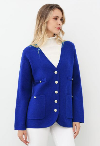 Impressive Patch Pocket Button Down Knit Cardigan in Royal Blue