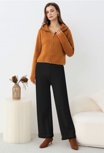 Casual Tie-String Fringed Knit Pants in Black