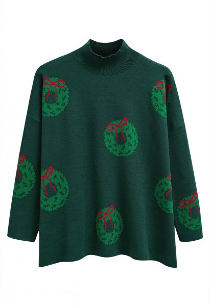 Bowknot Wreath Mock Neck Oversized Knit Sweater