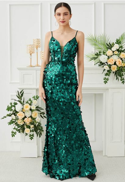 Deep V-Neck Sequin Mermaid Cami Gown in Emerald