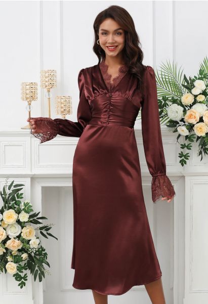 Lace Trim Ruched High Waist Satin Midi Dress in Burgundy