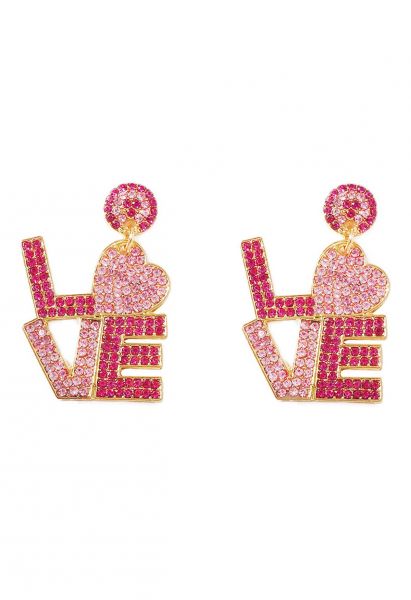 Pink Love Letters Rhinestone Earrings