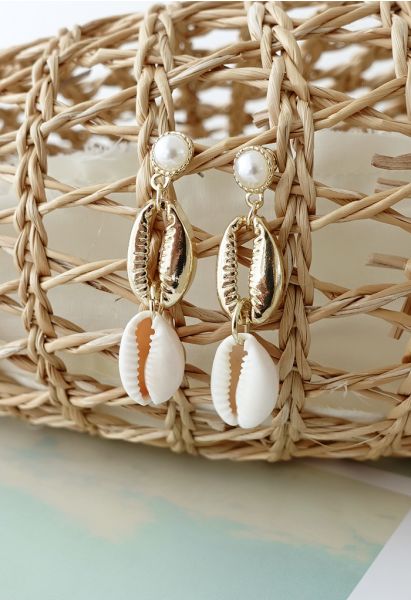 مزدوجة Cowrie Shell Charm أقراط اللؤلؤ